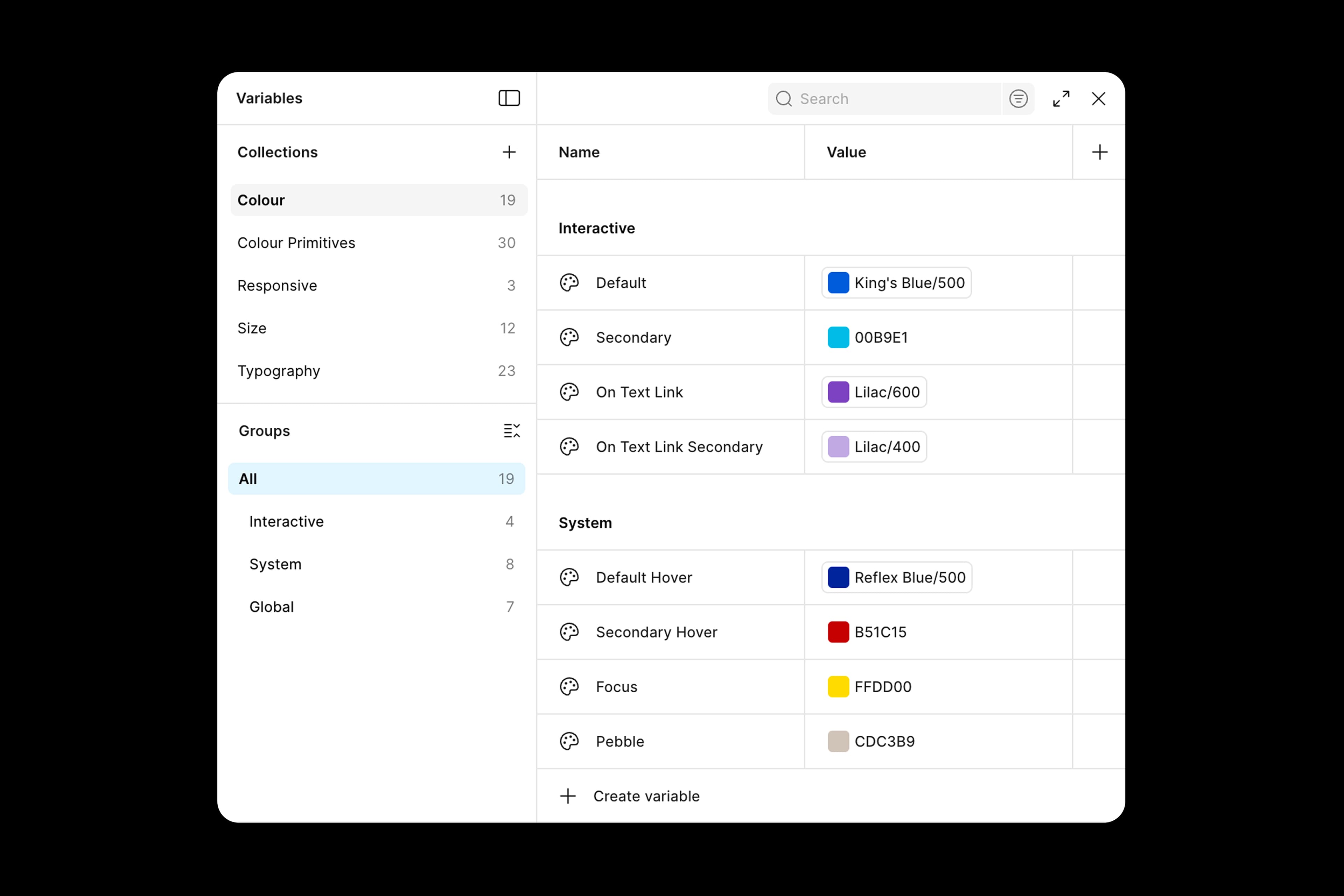 A screenshot of the colour variable collection in Figma.