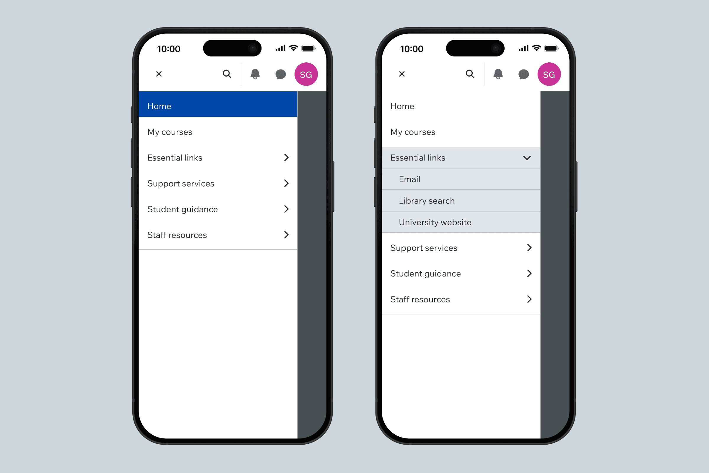 Two iPhone mockups showing a menu and a nested submenu.