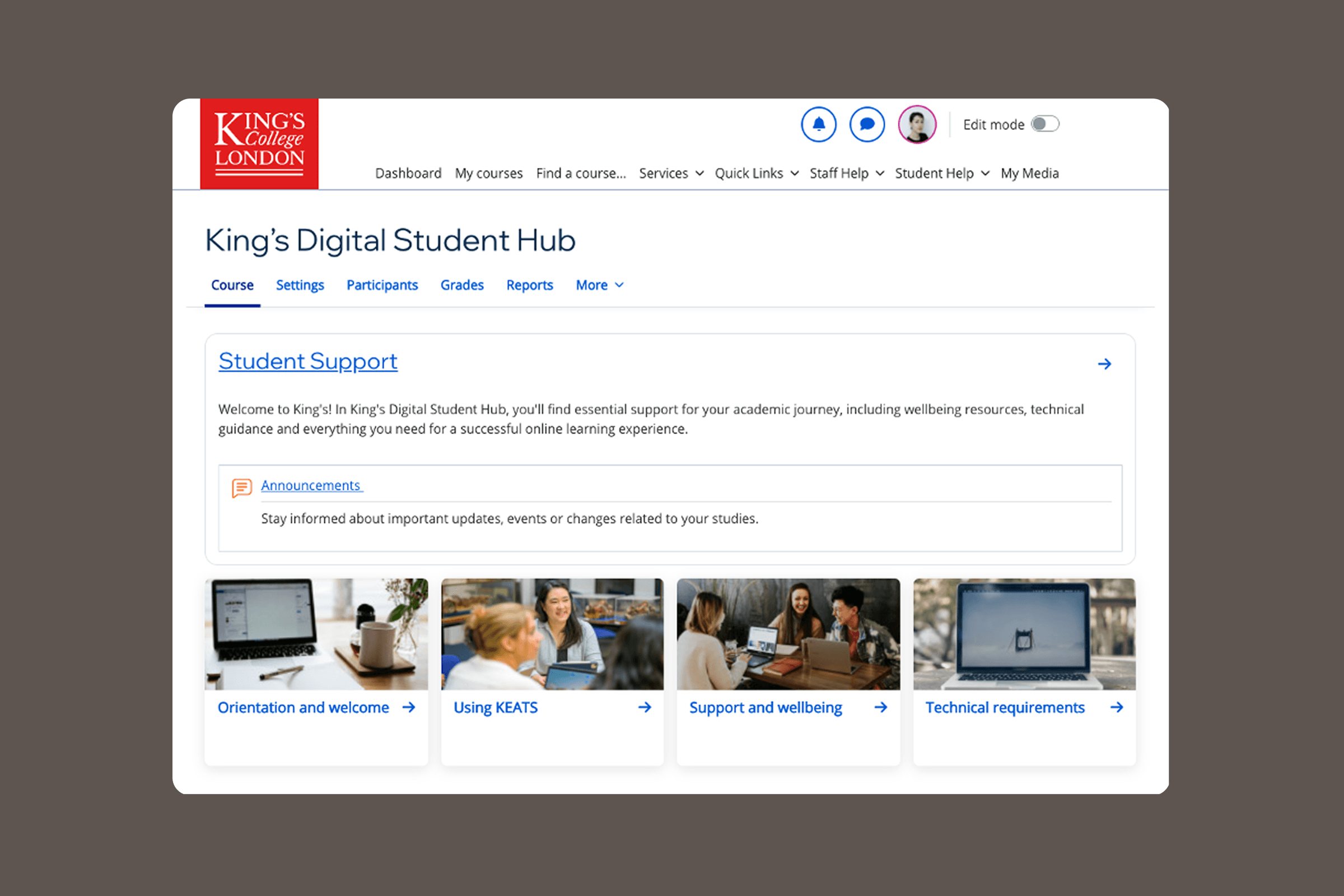 The desktop homepage of Student Hub on KEATS.