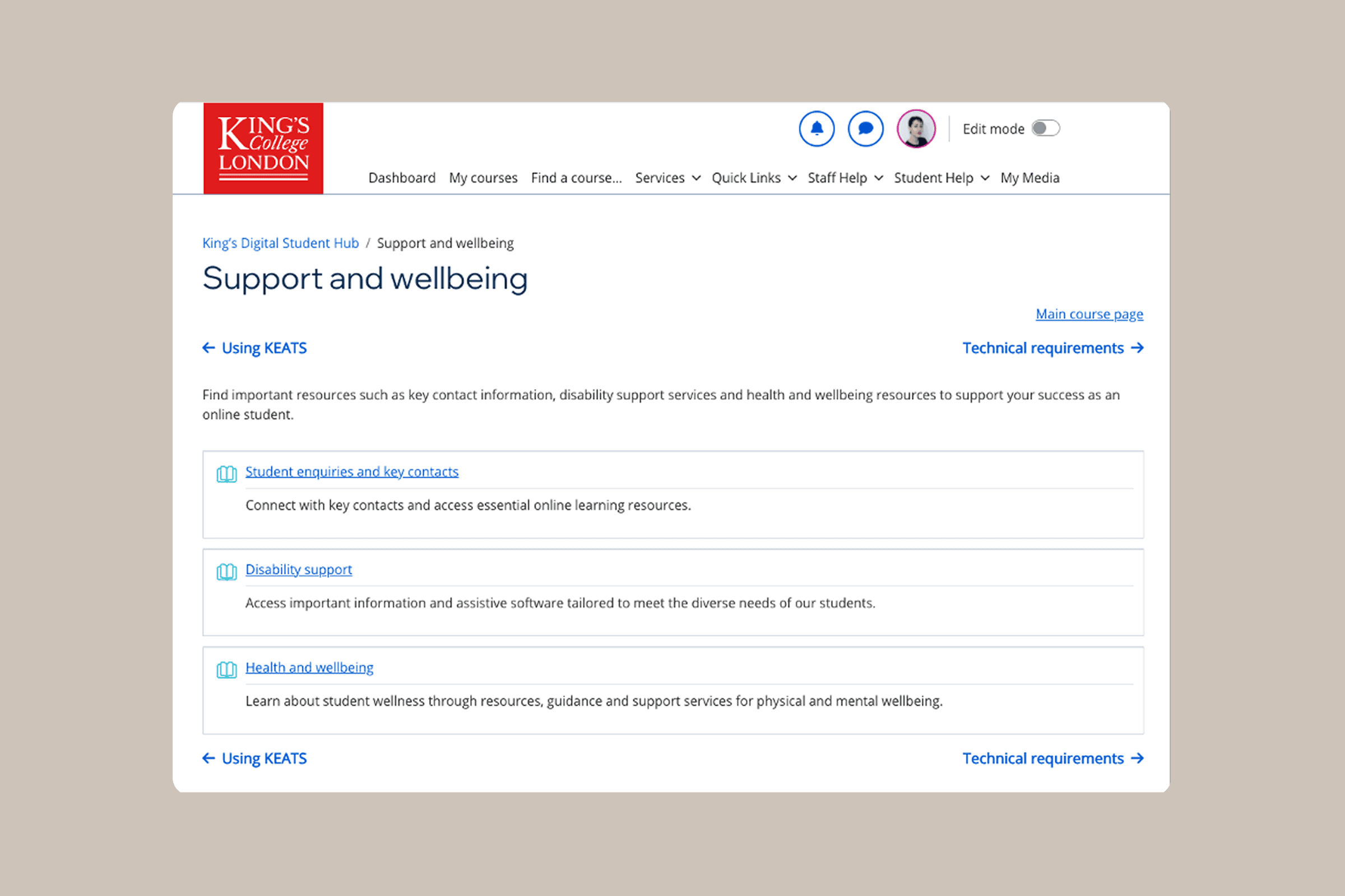 The Support and wellbeing desktop page on Student Hub, displaying the activities contact information, disability support, and health and wellbeing resources.