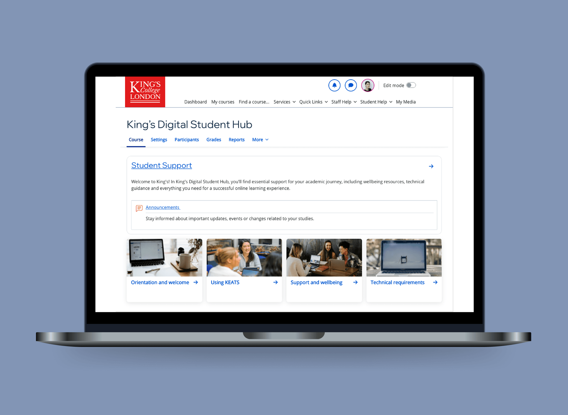 A Macbook mockup displays the desktop homepage for Student Hub on KEATS.